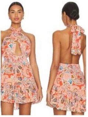 MISA Los Angeles Tula Halter Mini Dress in Tangerine Flora L